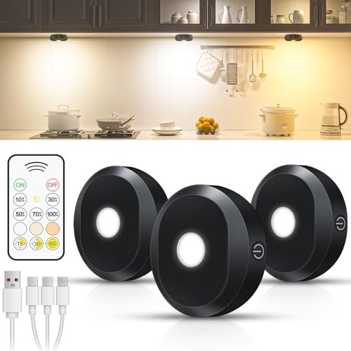 WILLED Under Cupboard Kitchen Lights with Remote Control,3 Colors Puck Lights,Rechargeable Battery LED Touch Light,Timer Function Stick On Light for Kitchen,Cabinet,Counter,Closet, Shelf,3 Pack