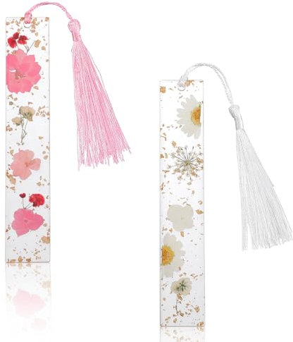 Tyqour 2 Stück Blumen Lesezeichen Personalisiert Geschenke Für Buchliebhaber, Harz Getrocknete Blumen Lesezeichen, Beste Freundin Geschenk für Lehrer Lehrerin Leser Studenten Bücher Lesen Zubehör