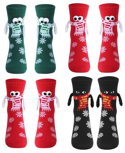 Scinzene 4 Paar Weihnachtssocken Damen, Kuschelsocken Weihnachten, Magnetische Socken mit 3D Design, Hand in Hand Halten, Lustige Geschenkidee für Paare