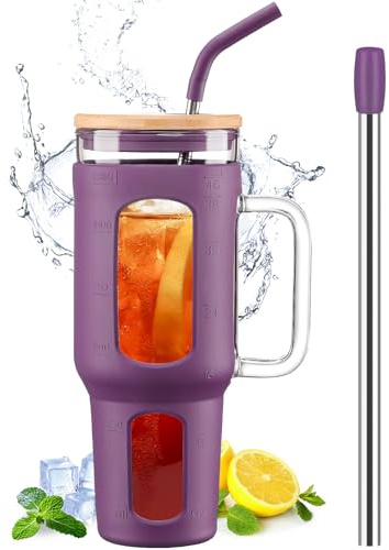 BLUEGO Tumbler becher mit Deckel und Strohhalmen, 1400ml Kaffeebecher To Go mit Henkel, Trinkbecher mit Silikonhülle, 1,4 L Tumbler becher mit 2 Strohhalmen, BPA-frei,Violett