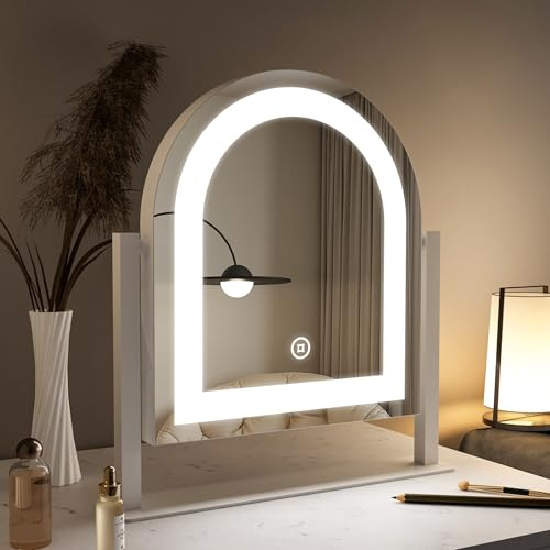 WDWRITTI LED Tischspiegel Schminkspiegel mit Beleuchtung, 3 Lichtfarbe Dimmbare 3000-6500K Bogen Kosmetikspiegel, Stehend Rasierspiegel 360° Drehbar, Make Up Mirror mit Touch Schalter, Weiß