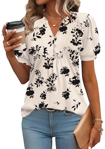 Rapbin Damblus med v-ringning och knappslå, t-shirt, tunika, kortärmad topp, sommartopp, elegant, avslappnad