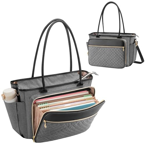 Luxja Borsa per Insegnante con Tasca Portadocumenti a Fisarmonica, Borsa Tote per Insegnante per Donne con Scomparto per Laptop da 15,6 Pollici, Grigio