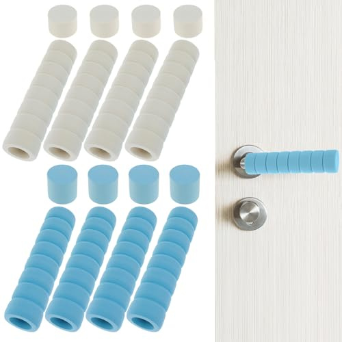 Oruola 8 Pcs Door Handle Cover, Soft Foam Door Handle Protector,Anti-Collision Sponge Spiral Doors Handles Cover,for Schools Classrooms,Home Rooms (Beige and Blue)