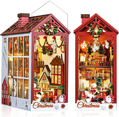 Quanquer DIY julhus bok Nook Kit – miniatyrdockhus byggsats med LED-ljus, bokstöd modellbygge för vuxna kreativ present