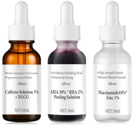Allony Niacinamide 10% Zinc 1%, Aha 30% Bha 2% Peeling Solution, Caffeina 5% + EGCG, Siero Niacinamide Viso, Elimina le Occhiaie, Riduce le Linee Sottili e le Rughe,Illumina il Tono Della Pelle,30ml*3