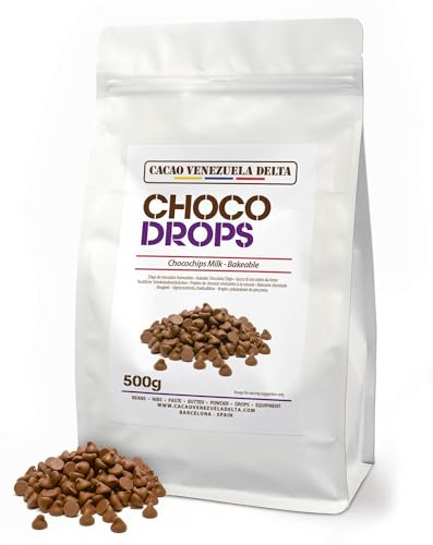 Cacao V Delta Pepitas de Chocolate con Leche 500g Para Repostería - Chips de Chocolate para Hornear y Topping - 27% de Cacao No GMO, Sin Gluten, Premium, Puro, Natural