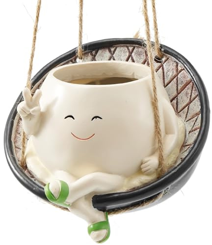 Maceta con cara sonriente cálida curación, mini macetas con mecedora o cesta colgante, bonita maceta para plantas suculentas, cactus pequeños, menta, aloe vera (sillón colgante)