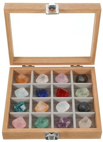 CenviaLuxy Holz Setzkasten, 12-Fächer Sortierbox, Transparenter Deckel mit Klappdesign, Samt-Innenfutter und Metallverschluss, Edelstein Vitrine für Schmuck und Steine