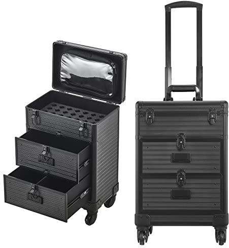 Warmiehomy Makeup Case Makeup Trolley Aluminium Professional Beauty Hairdressing Trolley on Wheels Makeup Organizer Suitcase Cosmetic Storage Box 2 Drawers for Beauty Salon Travel 35*23*49cm（Black）
