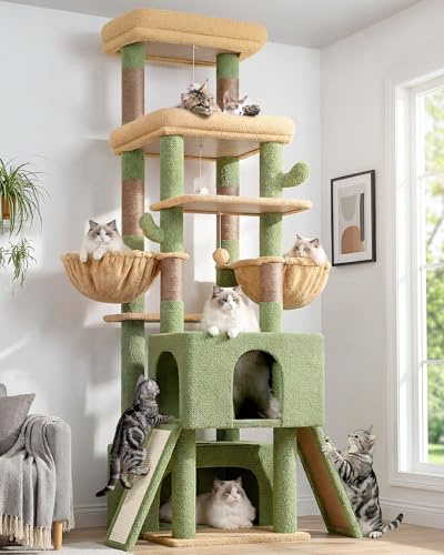 Globlazer Árbol Rascador Verde Cactus XXL Alto 200 cm con 2 Grandes Nidos, 2 Plataformas, 2 Tabla Rascar Sisal, 2 Cesta, Estable Árbol Torre para Grande Gato 3-5 Adulto Gatos Más de 7 kg (Z78, Verde)