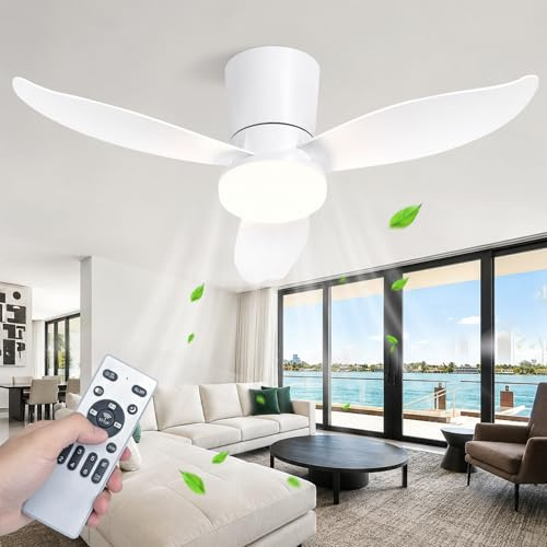 Glitzerlife Ventilador de techo silencioso con luz - 3 aspas, 95cm, 34W LED, mando a distancia, 6 velocidades, temporizador, regulable, dormitorio motor DC