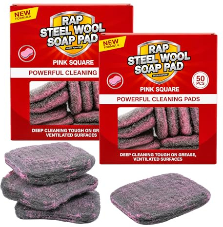 100 Steel Wool Soap Pads Kitchen Sink Scourer Pads for Grease and Grime | Soap filled fibres that lather with water, loosens baked on residue on pans, ovens, grills, barbecues and multiple surfaces