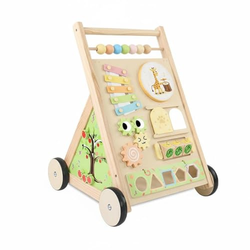 Gralara Children Wooden Push Cart for Infants with Xylophone Drum Shape Sorter Animal Maze Bead Slider Rotating Gears suitable for balance training playing at home, Style A