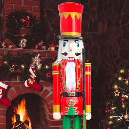 CDL 150cm 60 5Ft Tall Life-Size Large/Giant Red Christmas Wooden Nutcracker Soldier Ornament On Stand Hold Ceremonial Gun Xmas/Event/Ceremonies/Commercial Indoor Outdoor Decoration K05