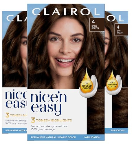 Clairol Nice'n Easy Permanent Hair Dye, 4 Dark Brown Hair Color, Pack of 3
