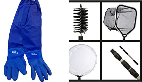 Koi Pond Cleaning Kit - 4-in-1 Set Includes String Algae Scrubbing Brush, Skimming Net & Fish Catching Net with 6 FT Telescopic Pole and Full Arm Pond Gloves