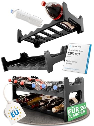 Novaliv Flaschenregal Schwarz für 24 Flaschen, erweiterbar, stapelbar, Getränkeschrank für Flaschen, Pet Flaschen Aufbewahrung, Weinregal flach, Weinlagerung, Getränkeaufbewahrung, Bottle Organizer