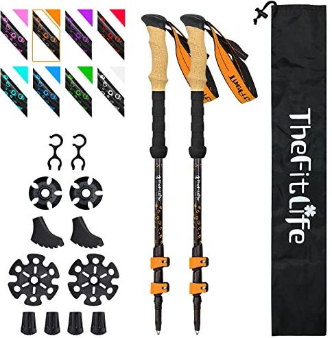 TheFitLife Carbon Fibre Trekking Poles - Collapsible and Telescopic Walking Poles, 2-Pack, Ultra Light, Extendable, Best Walking Sticks for Traveling Camping Hiking Mountaineering (Orange)