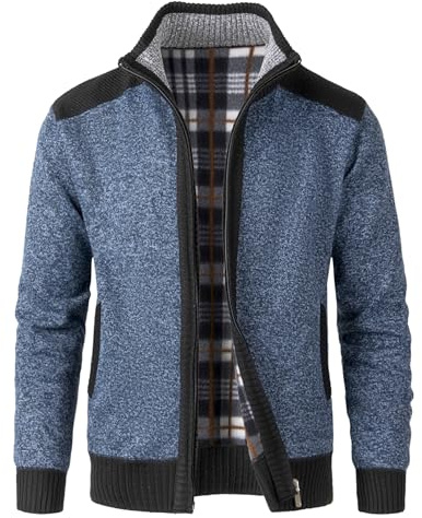 KTWOLEN Mens Knitted Cardigan Full Zip Sweater Fleece Lined Stand Collar Sweater Cardigan Casual Knitted Jackets Thick Warm Jumper Knitwear Winter Coat with Pockets, Blue, XL