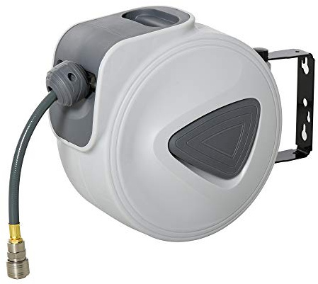 HOMCOM Druckluftschlauchaufroller - Schlauch: 15 m + 1,4 m - Innen-Ø 3/8 (9,5 mm), 1/4 (6,35 mm) BSPT - automatische Schlauchhaspel für einziehbaren Luftschlauch grau