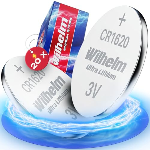 Wilhelm Lot de 20 piles bouton au lithium CR1620 CR 1620 3 V 70 mAh Ø 16 x 2 mm DL1620, 6620
