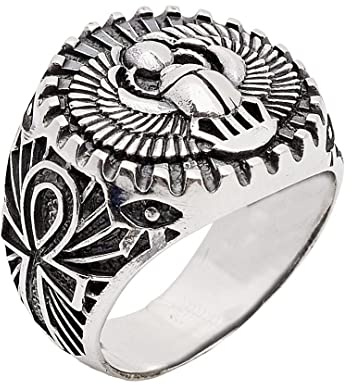 Treasure Bay Bague en argent pour homme - Scarabée égyptien - Bague sacrée du dieu égyptien Khepri - Bague de protection égyptienne antique - Bijoux égyptiens en argent sterling 925, Argent sterling