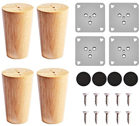 4pcs Pieds de Meubles en Bois, 8cm Bois Pieds Meubles Pieds Canapé, Pieds de Canapé de Rechange, Conique Droit Pied Table avec 4 Coussinets Fibre Feutre, Plaque Montage et Vis Pour Lit Table Canapé