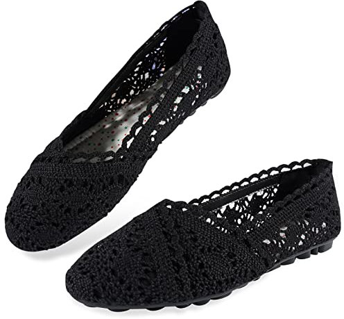 MACHSWON Women's Casual Pointed Toe Ballet Pumps Cut Out Slip On Ballerina Lace Flats Shoes (Black, Size 5.5)