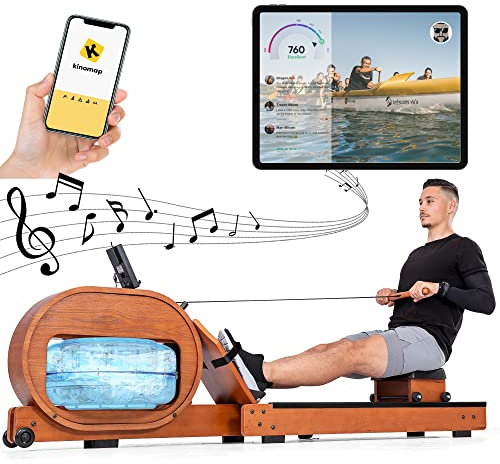 KecDuey Wasser Rudergerät,Rudergerät LCD-Display, mit und ohne App Kompatibilität (Kinomap) Ergonomischer Sitz, Halterung für Pad oder Handy,Echtholz-Rudergerät für Hause Bis 150 KG