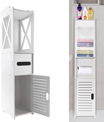 Bathroom Floor Cabinet Free Standing slim bathroom cabinet with Paper Towel Drawer and Cupboard Storage Organizer, Home Furniture Bedroom Storage Cabinet, White 18x20x80cm
