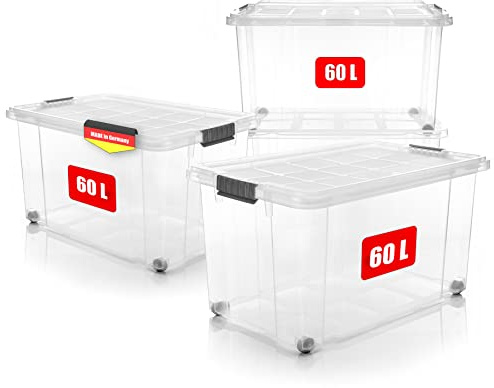 BigDean 4 Stück 60 L Aufbewahrungsbox mit Deckel groß transparent stapelbar | Robuste Box rollbare Stapelbox mit festen Klickverschlüssen Made in Germany