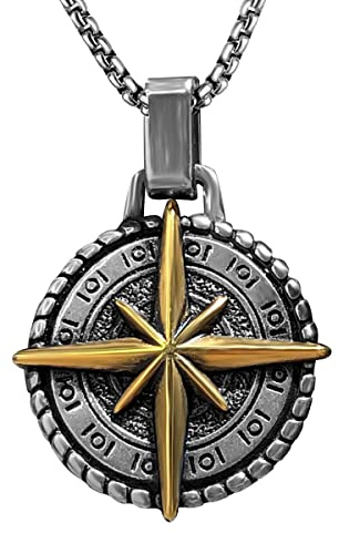 bahamut Greek Jewellery Star Compass Pendant Necklace for Men,Stainless Steel Protective Mens Jewelry (Golden star)