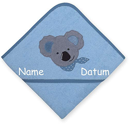 Kapuzenhandtuch mit Namen bestickt 80x80 cm Handtuch Baby Geschenk zur Geburt Badehandtuch, Wörner Stick:Koala blau