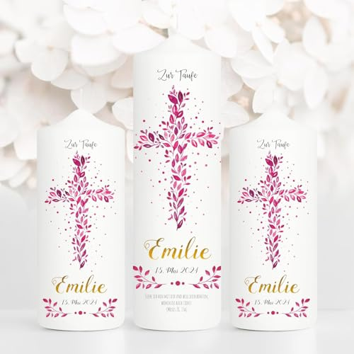 Taufkerze Junge Mädchen Baum Heiliges Kreuz pinke Blätter Kerze zur Taufe mit Namen, Datum und eigenem, vorgegebenem oder keinem Taufspruch, 1 Taufk. + 3 Patenk.