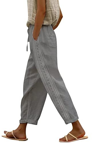 RMBLYfeiye Leinenhose Damen Einfarbiges High Waist 7/8 Hosen Mit Taschen Elastische Taille Tunnelzug Business Hose Straight Leg Chino Stoffhose Freizeithose Sommerhose Leicht