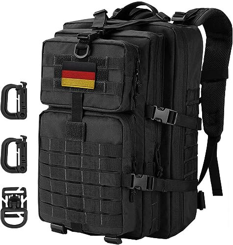 Hannibal Tactical 40L Militär Taktischer Rucksack US Cooper Rucksack Armee Assault Pack 3 Tage Bug Out Go Bag Trekking Wanderrucksack Flagge von Deutschland Karabiner