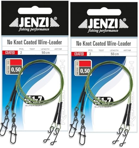 Set: 4 Stück x 1x7 Stahlvorfach mit Wirbel und knotenlos Verbinder von Jenzi, 5, 7, 9, 12 & 15 Kg, Länge 50 cm + Petri Heil! Aufkleber