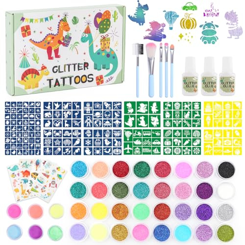 Highttoy Dinosaurier Leuchtender Temporäre Glitzer Tattoo Set Kinder | 32 Farben Glitzer,6 Leuchtpulver,164 Schablonen,5 Pinsel,4 Kindertattoos,3 Kleber,Geschenk für Geburtstag Party Weihnachten