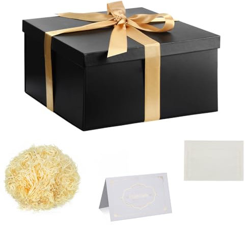 Schwarz Geschenkbox mit Deckel 20x20x10cm Klein Geschenkbox mit Schleife zerrissenes Seidenpapier Grußkarten für Weihnachten Geburtstag Hochzeitstag