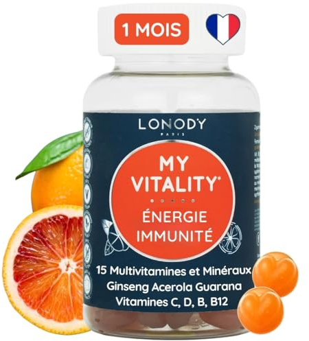 Lonody - Gummies Multivitamines, Minéraux et Compléments - Vitalité Immunité Boost Energie Fruits - Vitamine D, Vitamine C, B12 - Zinc Guarana Ginseng Acerola - Sans Sucre France - Adultes - 1 mois