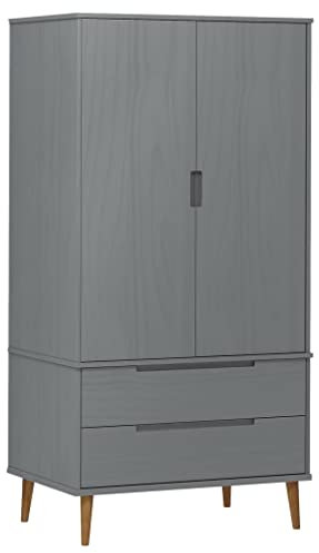 vidaXL Solid Pine Wood Wardrobe E - Scandinavian Design Armoire with Spacious Storage, UV-Varnish Finish, Grey Shade