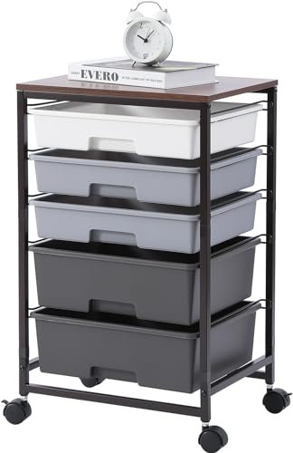 SYKIARIOL Aufbewahrungswagen auf Rädern, Rollwagen mit 5 Schubladen,Mehrzweckwagen mit Holztischplatte für Küche, Wohnzimmer, Schlafzimmer, Büro, großes Fassungsvermögen, Hellgrau
