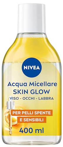 NIVEA Acqua Micellare Skin Glow 400 ml, Struccante viso e occhi con 5% siero + Aminoacid Complex, Detergente viso, occhi e labbra senza risciacquo per pelli spente e sensibili