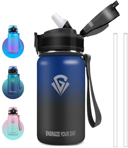 Grsta Gourde, Gourde Enfant Sans BPA, Gourdes Isotherme 500ml, Gourdes avec Paille, Facile à Ouvrir, Verrouillage Sécurisé, Anti Fuite, Réutilisable, pour Running, École, Bureau, Foot