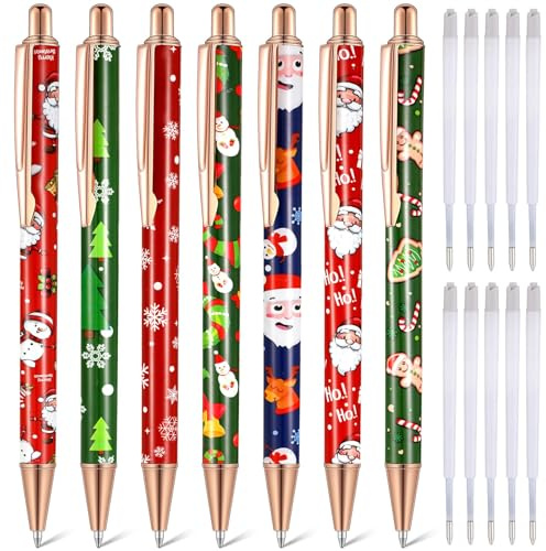 7 Stück Weihnachten Kugelschreiber Set,Weihnachts Geschenk Kleinigkeiten für Schule Kinder,Kollegen,10 Ersatzminen Kugelschreibe,Weihnachtsstifte 0.5mm Schwarz Einziehbare,Adventskalender Füllung