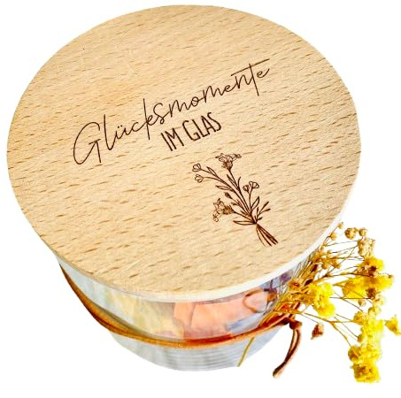 Nord-Kind Susann Moritz Vorratsglas, Borosilikatglas, 1210 ml, Größe L | Glücksmomente im Glas, Holzdeckel aus Buchenholz, Silikondichtung, Personalisierung, Zylindrisch