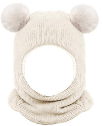 Riisoyu Kleinkind Baby SchalMütze warm Niedlich, Babymütze Strickmütze mit Bommel Samtfutter Kinder 2 in 1 Wintermütze mit Samtfutter Earflap Mütze für Baby 2-7 Jahre, Weiß
