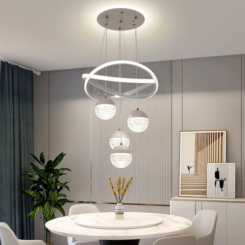 LED Pendelleuchte Kristall Hängelampe Esstisch Hängeleuchte Modern Höhenverstellbar Esszimmer Wohnzimmer Dimmbar Mit Fernbedienung Pendellampe Aluminium Beleuchtung Schlafzimmer Kronleuchter(Weiß)