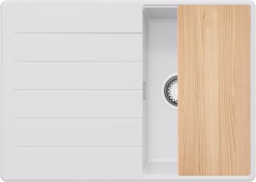 PRIMAGRAN Spülbecken ab 40er Unterschrank + Ablauf-Set, 70x50cm | Set: Ablauf-Set (Siphon, Ablaufgarnitur, Überlauf) + Schneidebrett + Granitspüle 1 Becken - Kopenhagen Top, Weiß